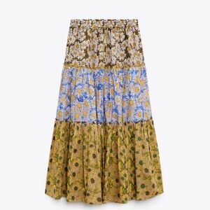 Zara Floral Patchwork Maxi Skirt - Green, Blue, Brown